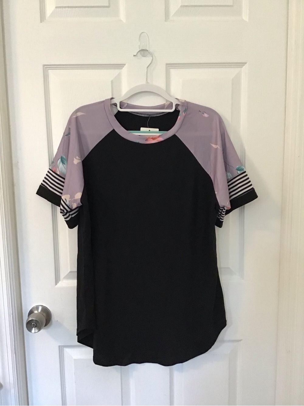 Black Tee with Lavender Floral Trim